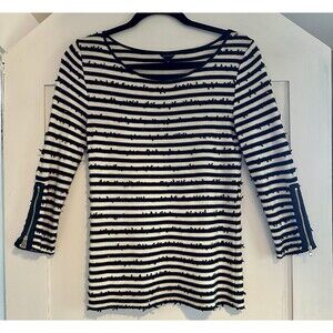 Ann Taylor Womens Knit Sweater Size XS Black White Striped Scoop Neck Sequins